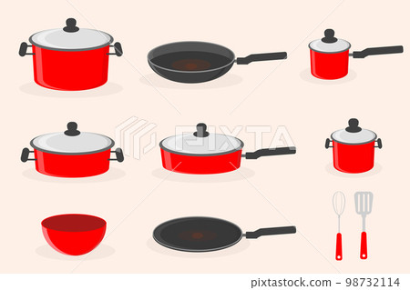 red kitchen utensils set pots pans for cooking vector illustration red kitchen utensils set pots pans for cooking vector illustration 98732114