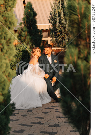 the bride and groom on a park bench. the bride and groom on a park bench. 98732247