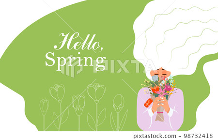 Women s day illustration. Girl with flowers. Flat style. Lattering Hello spring 98732418