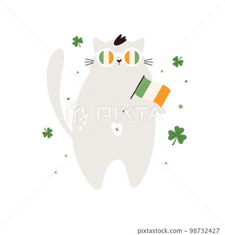 Funny holiday design for St. Patricks Day with a cat in sunglasses with flag of Ireland. Funny holiday design for St. Patricks Day with a cat in sunglasses with flag of Ireland. 98732427