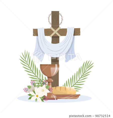 Holy Week. Cross, Crown of thorns, the white cloth, Palm Sunday and Maundy Thursday 98732514