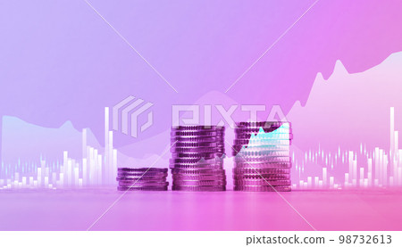 A stack of metallic coins and a chart with growing rates. High income in business, price increase, profit analysis A stack of metallic coins and a chart with growing rates. High income in business, price increase, profit analysis 98732613