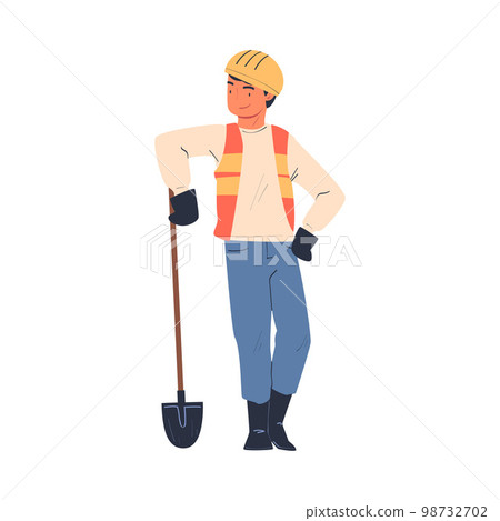 Road Worker in Hard Hat and Orange Vest Standing with Shovel Repairing Street Infrastructure Vector Illustration Road Worker in Hard Hat and Orange Vest Standing with Shovel Repairing Street Infrastructure Vector Illustration 98732702