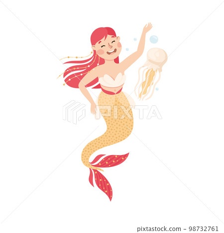 Mermaid with Wavy Red Hair Floating Underwater with Jellyfish Vector Illustration 98732761