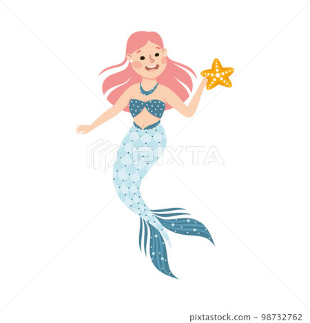 Mermaid with Wavy Pink Hair Floating Underwater with Starfish Vector Illustration Mermaid with Wavy Pink Hair Floating Underwater with Starfish Vector Illustration 98732762