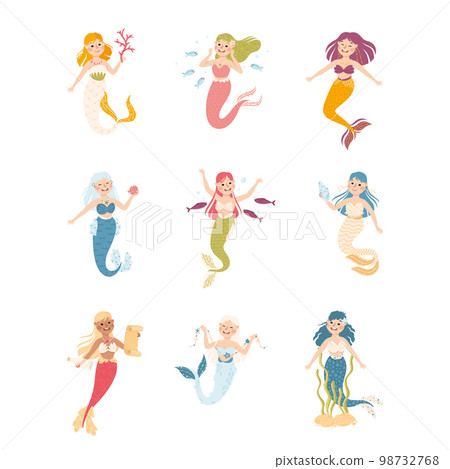 Mermaid with Wavy Hair Floating Underwater Vector Set 98732768