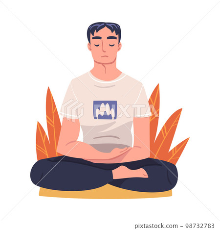 Young Man with Closed Eyes Doing Meditation Sitting in Lotus Pose on Yoga Mat Practicing Mindfulness Vector Illustration 98732783