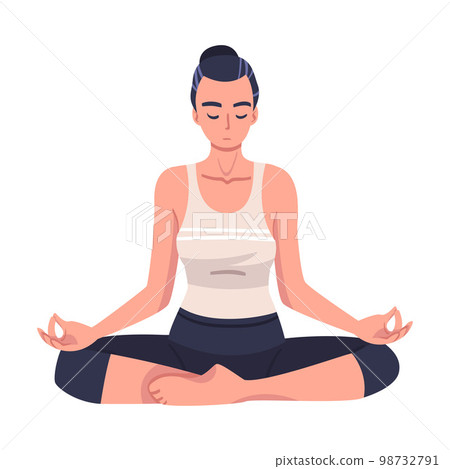 Woman Character Doing Meditation Sitting in Lotus Pose Practicing Mindfulness Vector Illustration Woman Character Doing Meditation Sitting in Lotus Pose Practicing Mindfulness Vector Illustration 98732791