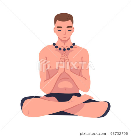 Man Character Doing Meditation Sitting in Lotus Pose Practicing Mindfulness Vector Illustration 98732796