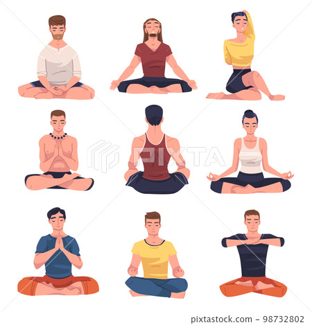 People Character Doing Meditation Sitting in Lotus Pose Practicing Mindfulness Vector Set People Character Doing Meditation Sitting in Lotus Pose Practicing Mindfulness Vector Set 98732802