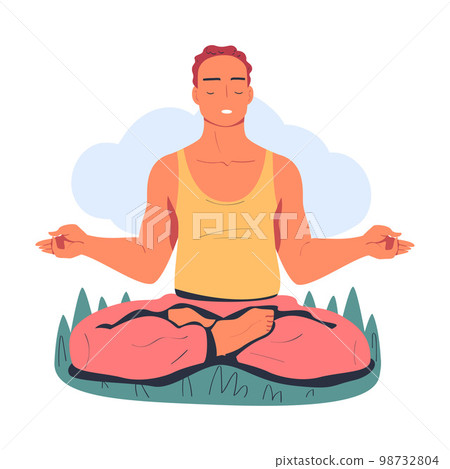 Man meditating on nature. Meditation practice, harmony, healthy lifestyle cartoon vector illustration Man meditating on nature. Meditation practice, harmony, healthy lifestyle cartoon vector illustration 98732804