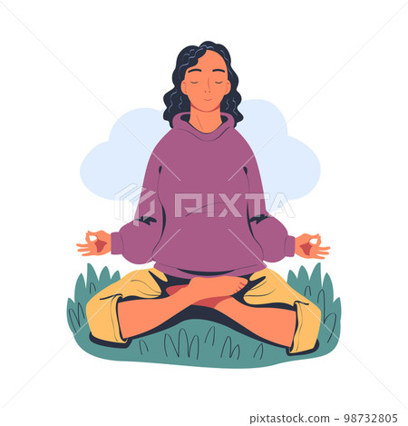 Young woman meditating while sitting in lotus on nature. Meditation practice, harmony, healthy lifestyle cartoon vector illustration Young woman meditating while sitting in lotus on nature. Meditation practice, harmony, healthy lifestyle cartoon vector illustration 98732805