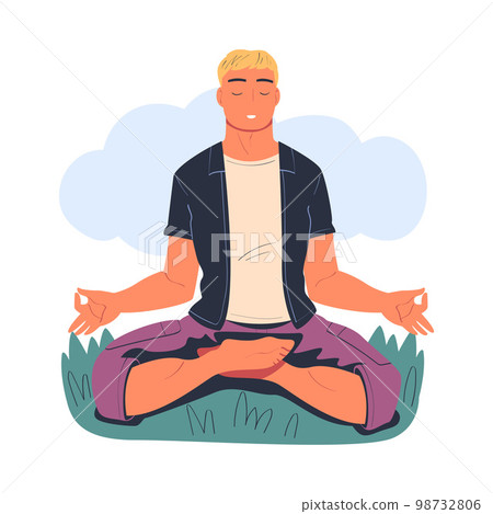 Young man meditating while sitting in lotus on nature. Meditation practice, harmony, healthy lifestyle cartoon vector illustration Young man meditating while sitting in lotus on nature. Meditation practice, harmony, healthy lifestyle cartoon vector illustration 98732806