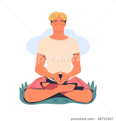 Peaceful young man meditating while sitting in lotus pose on nature. Meditation practice, harmony, healthy lifestyle cartoon vector illustration Peaceful young man meditating while sitting in lotus pose on nature. Meditation practice, harmony, healthy lifestyle cartoon vector illustration 98732807