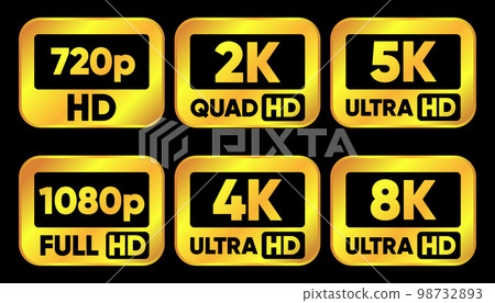 Ultra Hd icon collection. 720, 1080, 4K, 5K and 8K symbol of High Definition monitor display resolution standard. Label for device screen. Vector illustration. Ultra Hd icon collection. 720, 1080, 4K, 5K and 8K symbol of High Definition monitor display resolution standard. Label for device screen. Vector illustration. 98732893