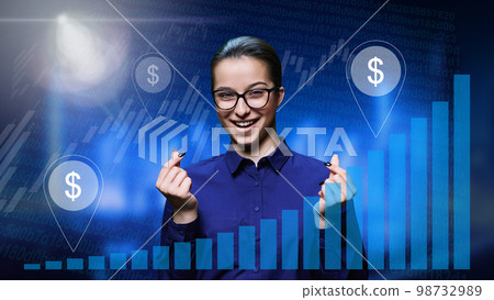 Young female making money gesture, on background with dollar symbols profit charts 98732989