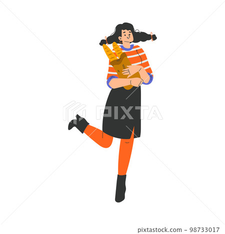 Typical French Woman Character Standing with Fresh Baked Baguette Vector Illustration Typical French Woman Character Standing with Fresh Baked Baguette Vector Illustration 98733017