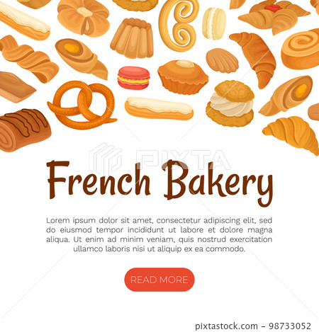 French Bakery and Pastry Banner Design with Sweet Dough Products Vector Template French Bakery and Pastry Banner Design with Sweet Dough Products Vector Template 98733052
