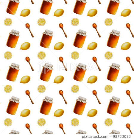 Watercolor seamless pattern with amber linden honey jars with lemon. Wooden spoon with honey. Honey flowing from a stick. Hand drawn immunity strengthening vitamins illustration Watercolor seamless pattern with amber linden honey jars with lemon. Wooden spoon with honey. Honey flowing from a stick. Hand drawn immunity strengthening vitamins illustration 98733053