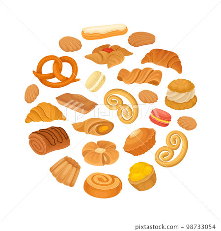 French Bakery and Pastry Round Composition Design with Sweet Dough Products Vector Template French Bakery and Pastry Round Composition Design with Sweet Dough Products Vector Template 98733054
