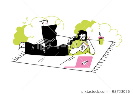 Woman on Freelance Lying on Blanket Outdoor with Laptop Writing in Notepad Vector Illustration Woman on Freelance Lying on Blanket Outdoor with Laptop Writing in Notepad Vector Illustration 98733056