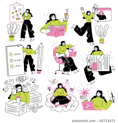 Woman on Freelance Working in Comfortable Conditions Vector Set 98733073