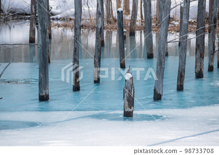 Biei Town, a blue pond where the ice has begun to melt Biei Town, a blue pond where the ice has begun to melt 98733708