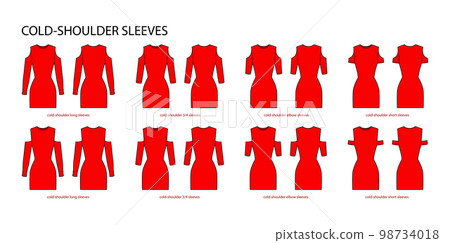 Set of Cold-shoulder sleeves clothes long, 3-4, elbow, short length technical fashion illustration with fitted body Flat Set of Cold-shoulder sleeves clothes long, 3-4, elbow, short length technical fashion illustration with fitted body Flat 98734018