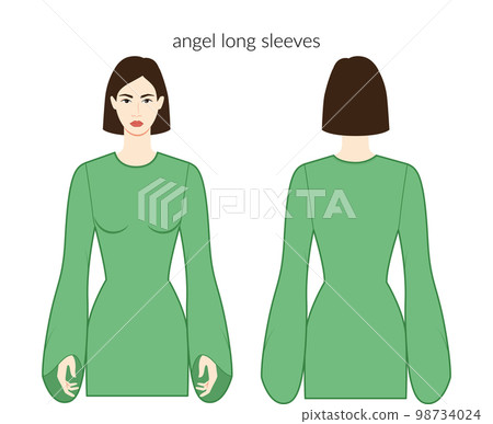 Angel sleeves long length clothes character beautiful lady in gleen top, shirt, dress technical fashion illustration 98734024