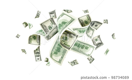 Dollar sign. American money. Cash white background, us bill. Money falling. 98734089