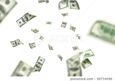 Dollar sign. American money. Cash white background, us bill. Money falling. 98734096