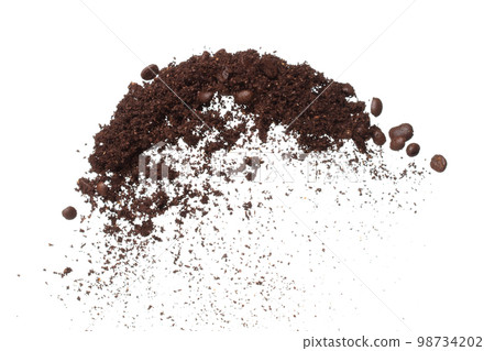 Coffee powder mix bean fly explosion, Coffee crushed mix seed float explode, abstract cloud fly. Coffee dust powder bean splash throwing in Air. White background Isolated high speed shutter, freeze Coffee powder mix bean fly explosion, Coffee crushed mix seed float explode, abstract cloud fly. Coffee dust powder bean splash throwing in Air. White background Isolated high speed shutter, freeze 98734202