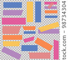 Washi tapes. Semi-transparent pieces of ribbons. Blue, pink, yellow, orange and purple pieces of washi tape with torn edges. Set of adhesive ribbons isolated on a transparent background. 98734304