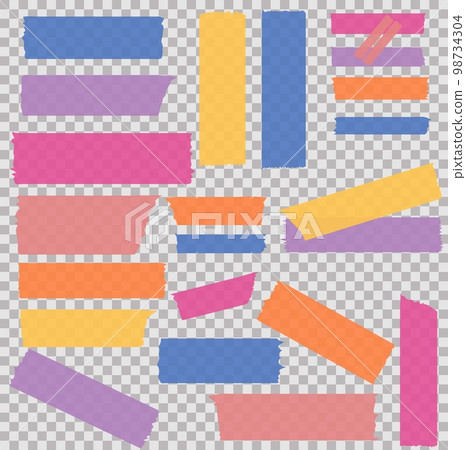 Washi tapes. Semi-transparent pieces of ribbons. Blue, pink, yellow, orange and purple pieces of washi tape with torn edges. Set of adhesive ribbons isolated on a transparent background. Washi tapes. Semi-transparent pieces of ribbons. Blue, pink, yellow, orange and purple pieces of washi tape with torn edges. Set of adhesive ribbons isolated on a transparent background. 98734304