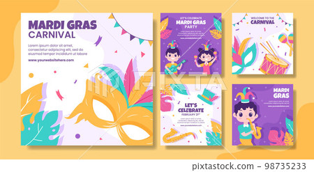 Mardi Gras Carnival Social Media Post Flat Cartoon Hand Drawn Templates Illustration 98735233