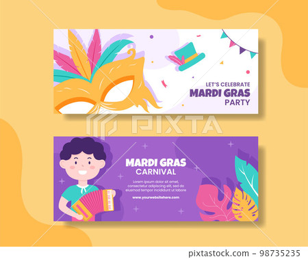 Mardi Gras Carnival Horizontal Banner Flat Cartoon Hand Drawn Templates Illustration 98735235