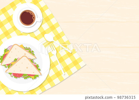 木桌上三角形三明治、咖啡和桌布的背景插圖 98736315
