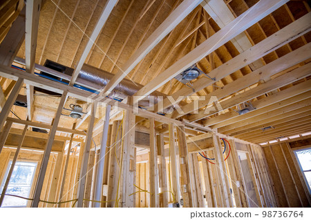 Frame system has been designed for new house which is in process of construction truss beam frames systems Frame system has been designed for new house which is in process of construction truss beam frames systems 98736764