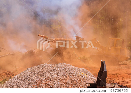 Chopping down trees in forest for subdivision of housing development Chopping down trees in forest for subdivision of housing development 98736765