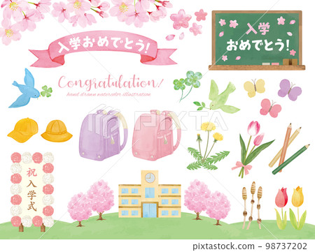 Watercolor handwritten entrance ceremony illustration material set 98737202