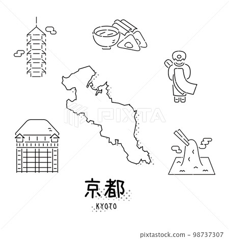 Gourmet sightseeing icon set of Kyoto prefecture in Japan (line drawing black and white) Gourmet sightseeing icon set of Kyoto prefecture in Japan (line drawing black and white) 98737307