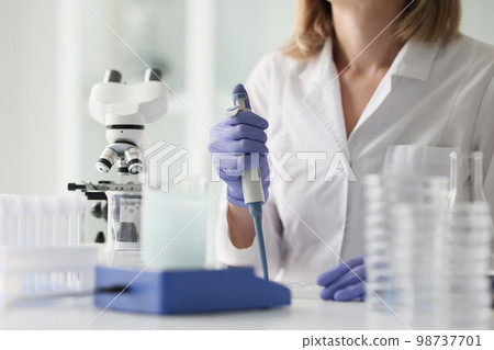 Professional female scientist is working in scientific research laboratory. Professional female scientist is working in scientific research laboratory. 98737701