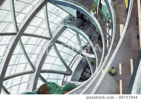 Futuristic interior inside Glass cupola dome of Nur-Alem sphere in EXPO 2017 Exhibition Area. Levels floors, steel glass wall, construction. 98737844