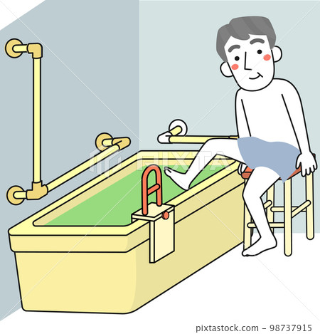 Senior man entering the bathtub using a bathing chair 98737915