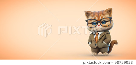a smart cat teacher or student in glasses and a suit and tie looks. 3d copyspace illustration with an empty orange background. a smart cat teacher or student in glasses and a suit and tie looks. 3d copyspace illustration with an empty orange background. 98739038