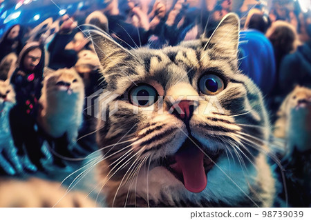 Join in on the fun with this excitable party cat as they snap a selfie in front of a lively dance crowd at disco. Celebration of joy, this captures the essence of letting loose and having a good time. Join in on the fun with this excitable party cat as they snap a selfie in front of a lively dance crowd at disco. Celebration of joy, this captures the essence of letting loose and having a good time. 98739039