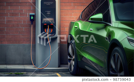 A modern electric car is charging at a sleek, high-tech charging station. The car's charging cable is connected to the station, The charging station the car is parked in a designated charging spot 98739043