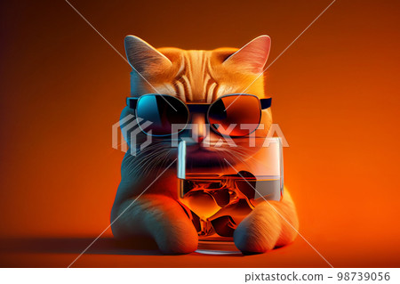 A red-haired cool cat in sunglasses with a glass of whiskey. The concept of advertising alcoholic beverages for a bar A red-haired cool cat in sunglasses with a glass of whiskey. The concept of advertising alcoholic beverages for a bar 98739056