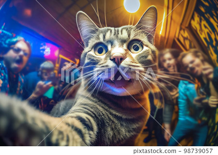 Party with this fun-loving feline as they strike a pose in front of a lively dance crowd at a disco. With a selfie l of adventure, this cat is living life to the fullest and embracing every moment Party with this fun-loving feline as they strike a pose in front of a lively dance crowd at a disco. With a selfie l of adventure, this cat is living life to the fullest and embracing every moment 98739057