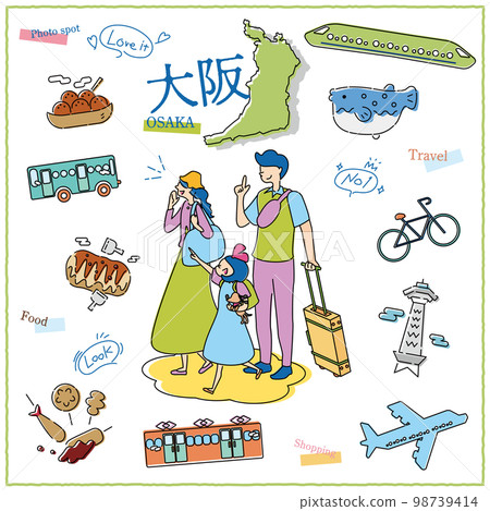 Tourist family and icon set (line drawing) enjoying gourmet sightseeing in Osaka Prefecture, Japan Tourist family and icon set (line drawing) enjoying gourmet sightseeing in Osaka Prefecture, Japan 98739414